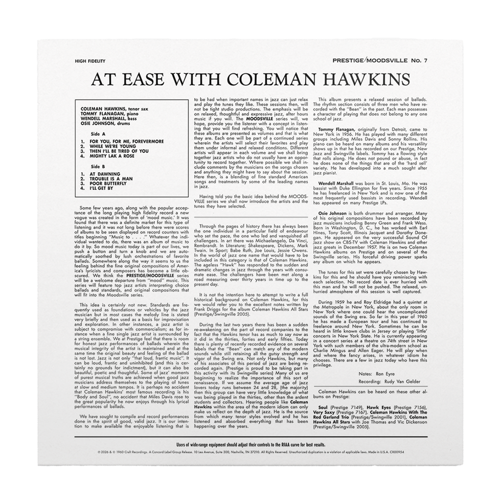 Coleman Hawkins - Moodsville, Volume 7: At Ease with Coleman Hawkins (180G) [LP] Vinyl