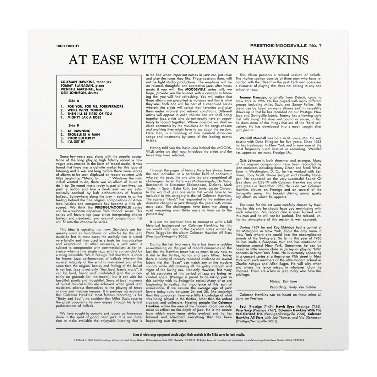 Coleman Hawkins - Moodsville, Volume 7: At Ease with Coleman Hawkins (180G) [LP] Vinyl