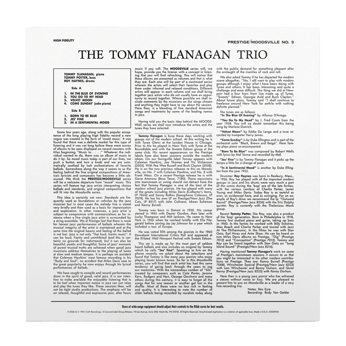Tommy Flanagan Trio - Moodsville, Volume 9: The Tommy Flanagan Trio (180G) [LP] Vinyl